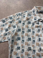 Vintage 1970s Shirt Men's Large Geometric Pattern White Beige Pointed Collar