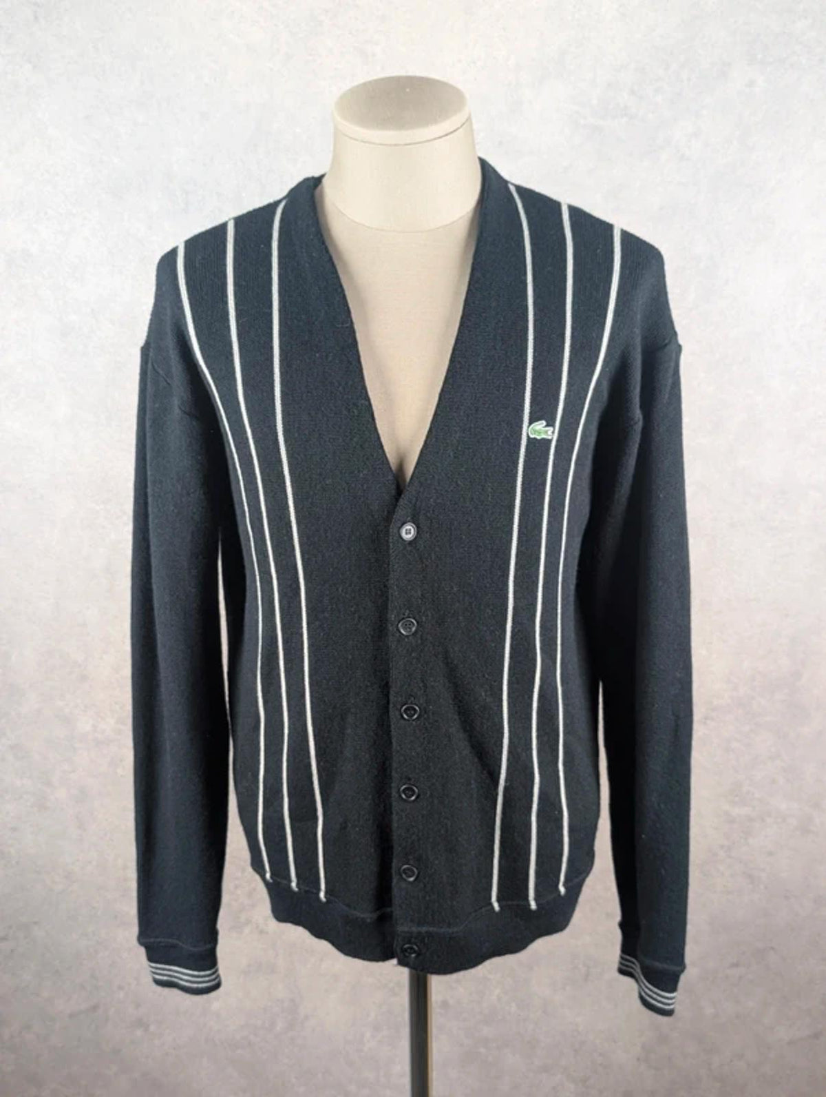 Lacoste Vintage Knitted Cardigan Men’s Large Black Stripe Button Up