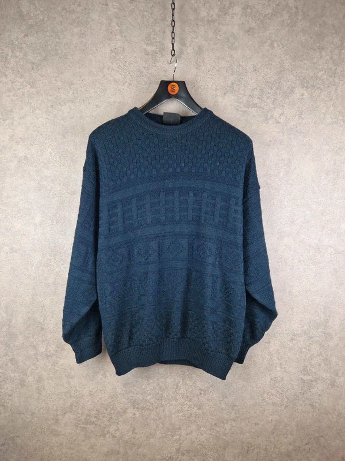 First Class Jumper Mens Medium Blue Crew Neck Aran Pullover Fisherman Sweater