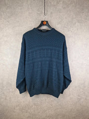 First Class Jumper Mens Medium Blue Crew Neck Aran Pullover Fisherman Sweater