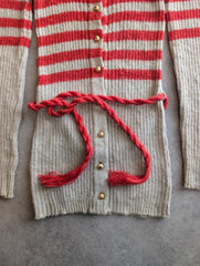 Vintage 1970s Knitted Cardigan Women’s Small Beige Red Striped Belted Longline