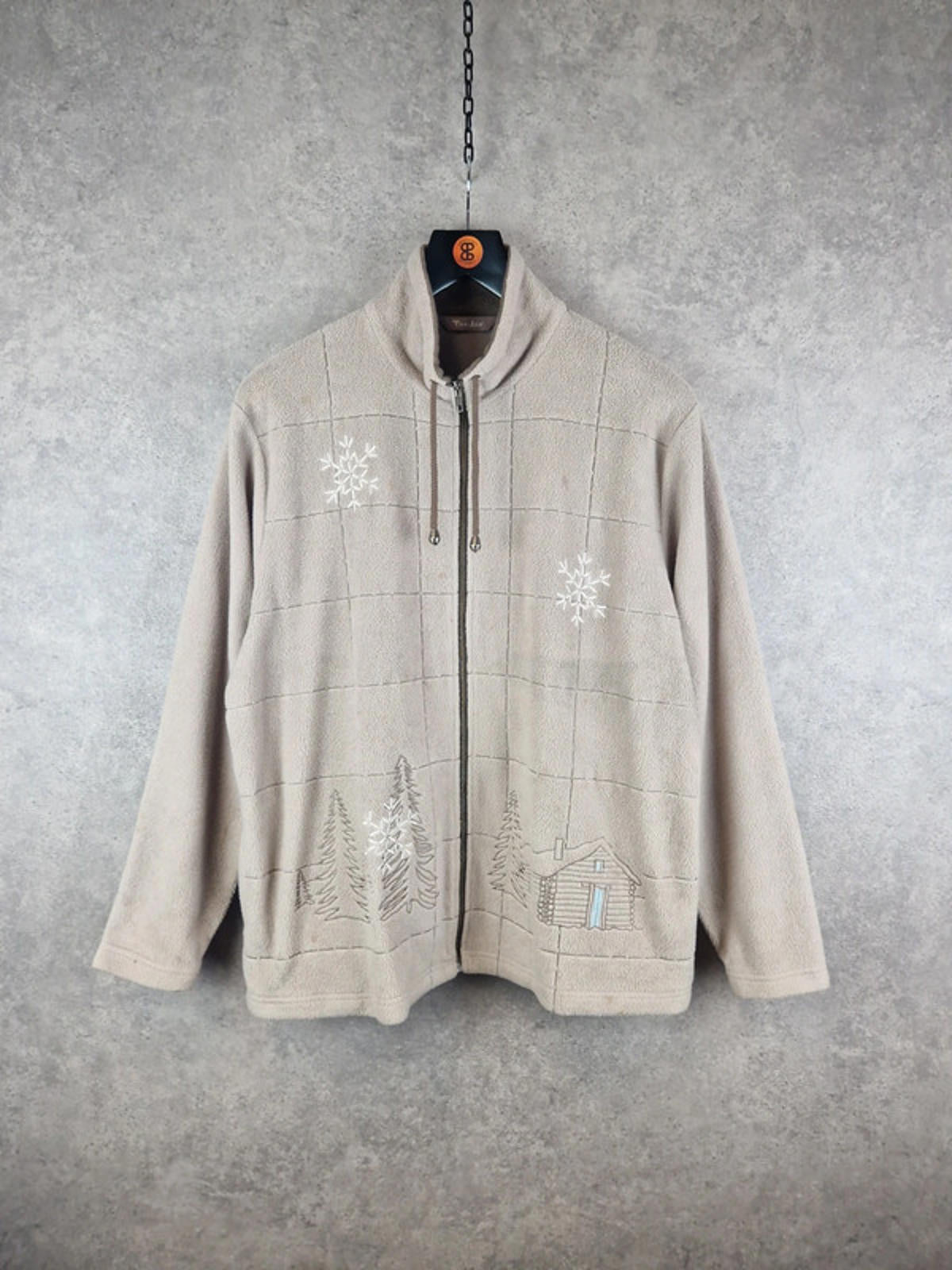 TanJay Fleece Jacket Mens Large Biege Winter Christmas Embroidered Full Zip