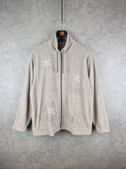 TanJay Fleece Jacket Mens Large Biege Winter Christmas Embroidered Full Zip