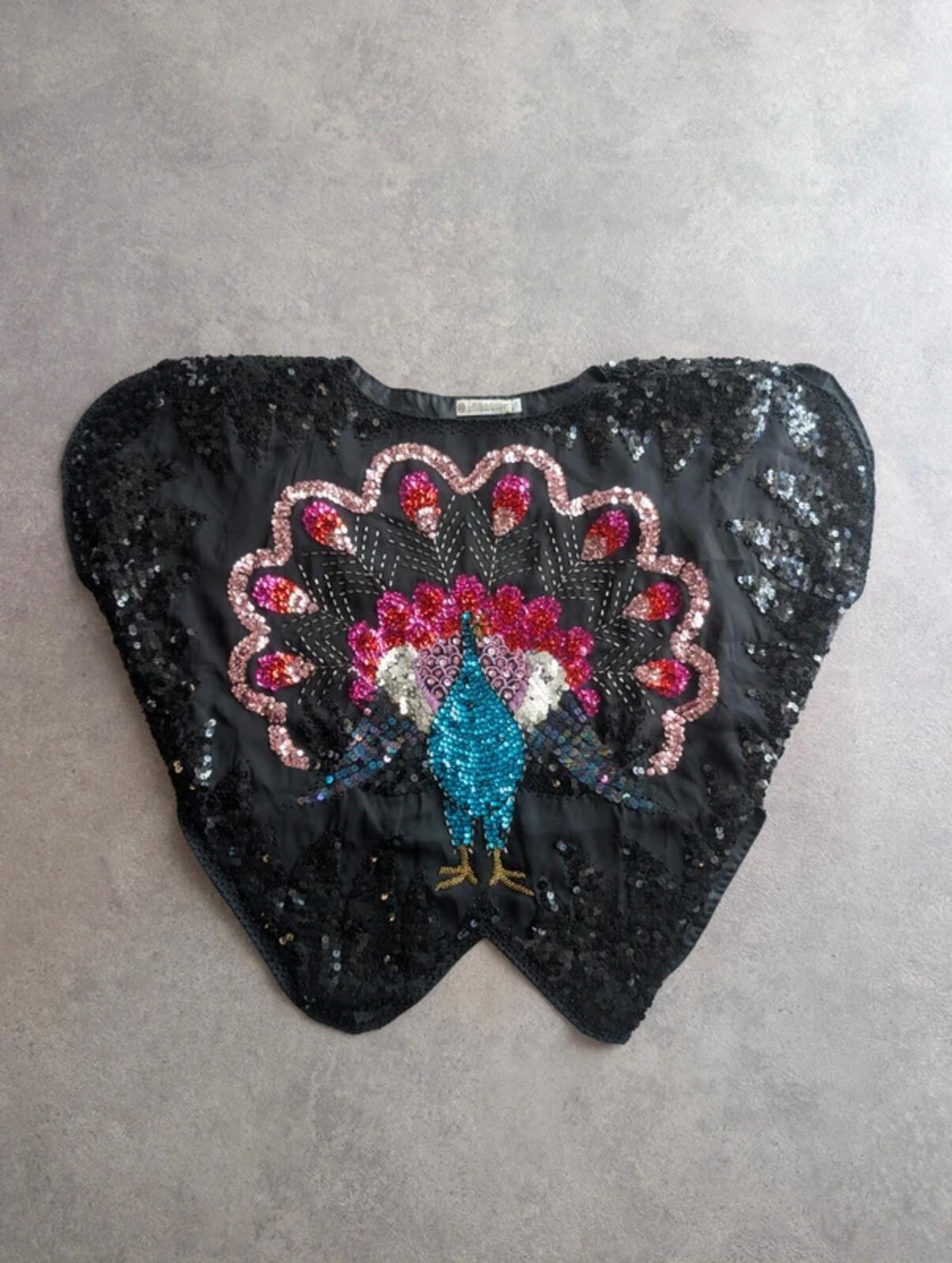 Vintage 1980s Hand Embroidered Peacock Top Women's One Size Black Sequin
