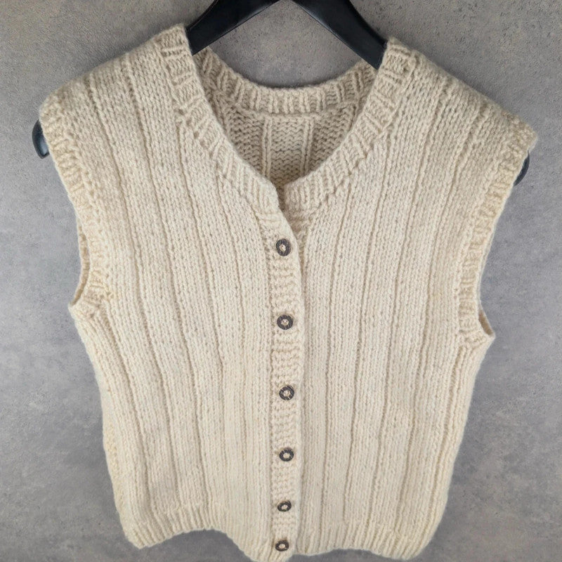 Hand Knitted Jumper Womens Medium M Cream Cardigan Waistcoat Button Up Vintage Icelandic