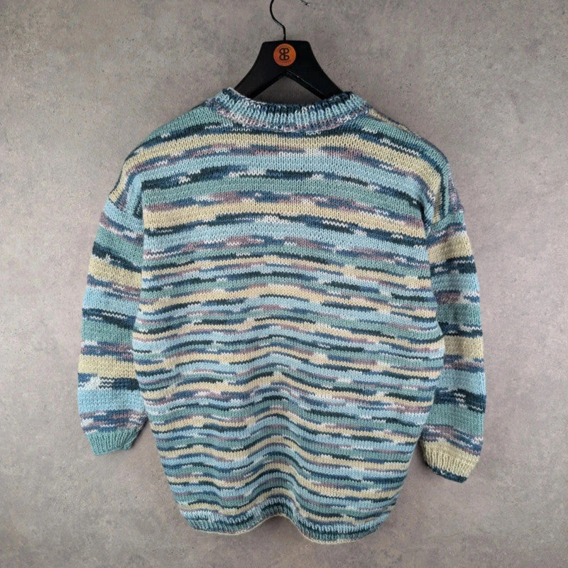 Hand Knitted Jumper Womens Large L Blue Pullover Vintage
