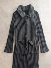 Y2K Longline Cardigan Women’s Medium Black Knitted Faux Fur Collar Coatigan