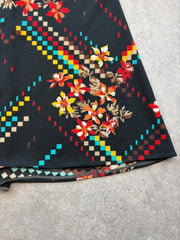 Vintage 1970s Midi Skirt Womens Medium Black Floral Geometric Slip On Boho