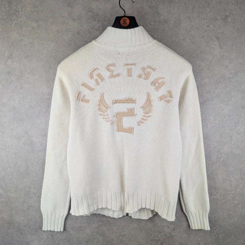 Firetrap Jumper Mens Large L knitted Y2K Full Zip Ivory Cardigan
