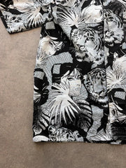 Y2K Shirt Men’s Large Black Tiger Print Short Sleeve Button Up Graphic Festival