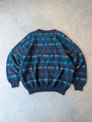 Vintage Knitted Pullover Jumper Men’s Large Blue Boxy Patterned 1990s Knit