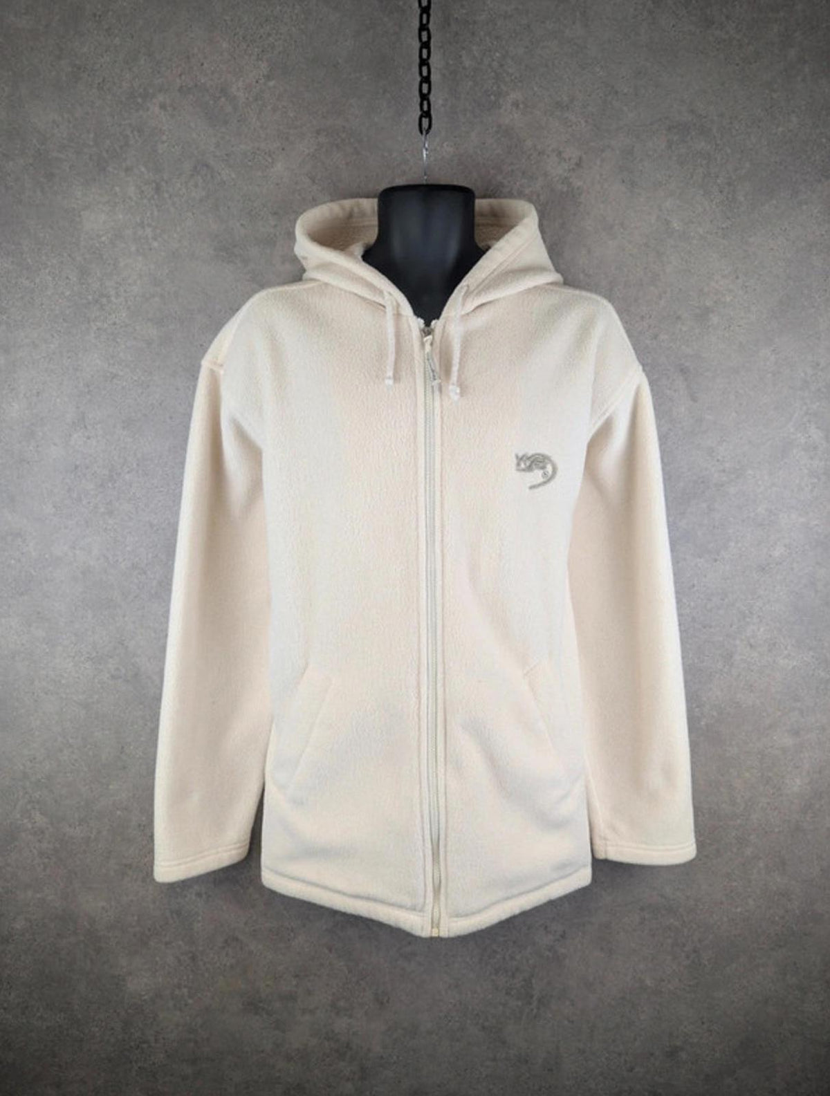 Kangaroo Poo Jumper Mens L Large Cream Vintage 90s Hood Full Zip Fleece