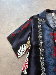 Hawaiian Shirt Men’s Large Thai Silk Black Red Floral Tropical Holiday Festival
