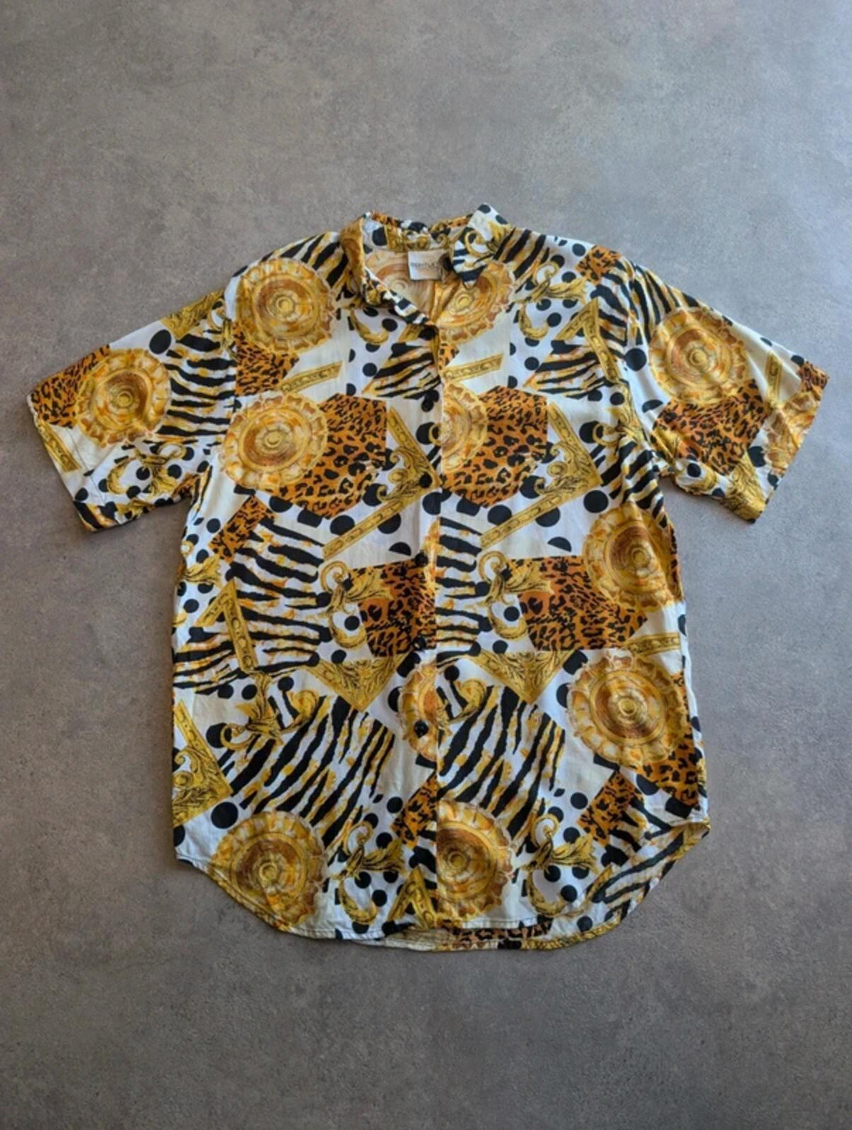Vintage 1980s Bentley Blouse Women’s Medium White Gold Print Baroque Rayon