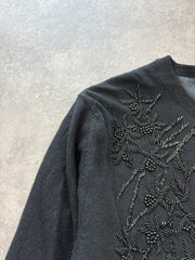 Vintage 1980s Lambswool Cardigan Womens Large Black Beaded Floral Knit Button Up