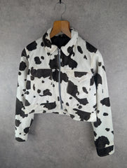 Cow Print Jacket Womens Small S Cropped Vintage Y2K Cropped Full Zip
