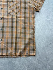 Vintage 1970s Shirt Men’s Large Brown Check Short Sleeve Button Up Dagger Collar