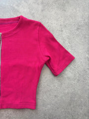 Y2K Crop Top Women’s Small Pink Ribbed Zip Front Fitted Stretch Summer