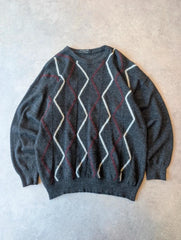 Jaeger Jumper Men’s Medium Grey Vintage 1980s Pullover Patterned Knit