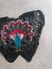 Vintage 1980s Hand Embroidered Peacock Top Women's One Size Black Sequin