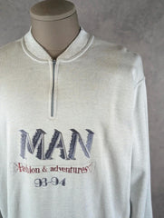 MAN Jumper Men’s Large Cream Vintage 90s Quarter Zip Graphic Sweatshirt