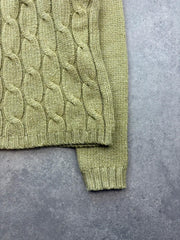 Y2K Knitted Jumper Womens Small Olive Green Cable Knit Soft Cozy Casual
