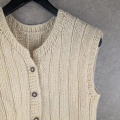 Hand Knitted Jumper Womens Medium M Cream Cardigan Waistcoat Button Up Vintage Icelandic
