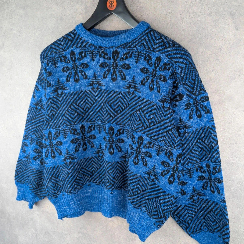 Hand Knitted Jumper Womens XL Extra Large Blue Vintage Pullover Retro