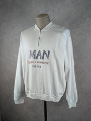 MAN Jumper Men’s Large Cream Vintage 90s Quarter Zip Graphic Sweatshirt