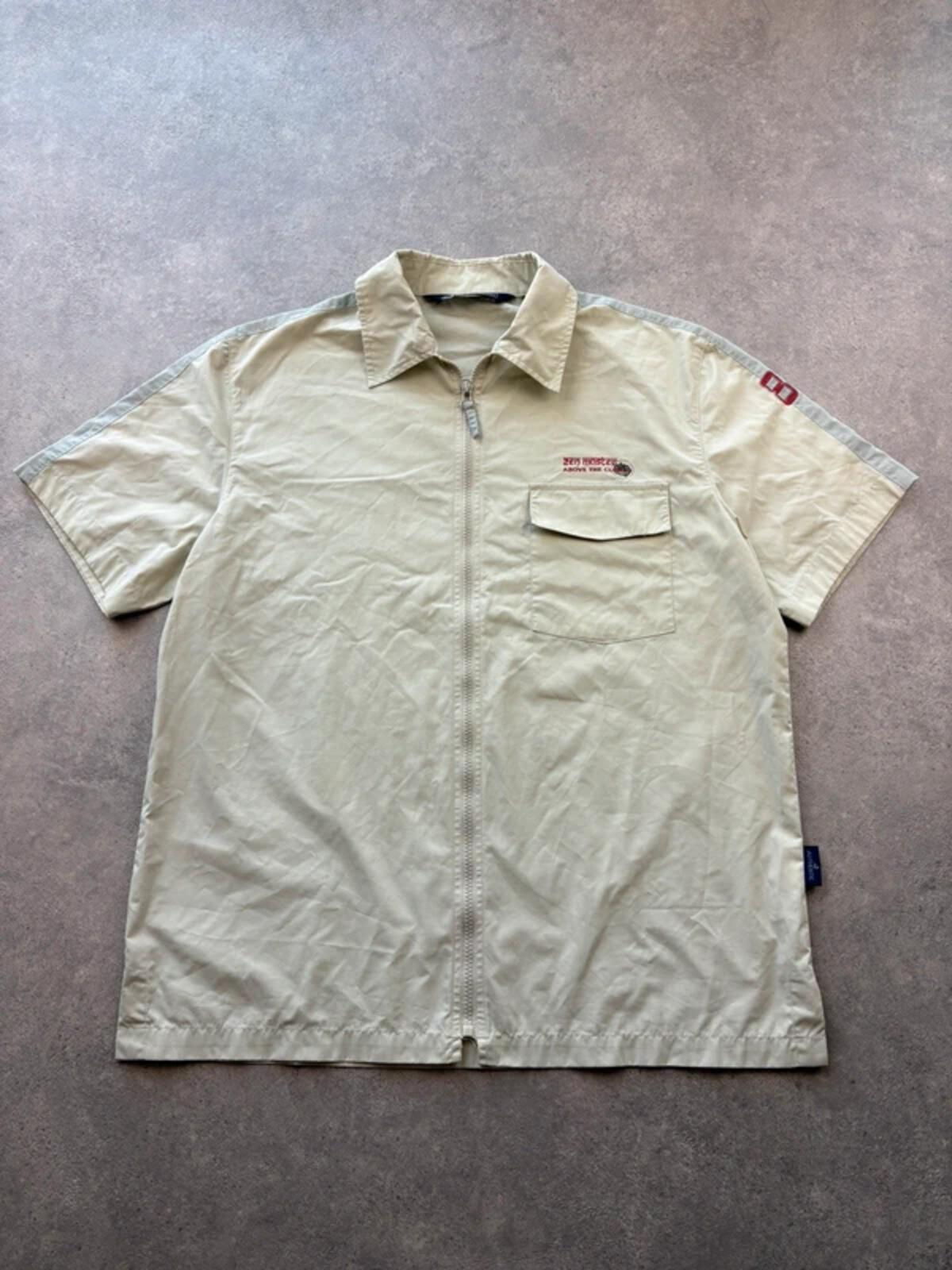 Authentic Shirt Men’s Medium Beige Y2K Zip Up Short Sleeve Casual Utility