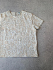 Vintage 1970s Cropped T-Shirt Women’s Large Beige Floral Paisley Retro Boho