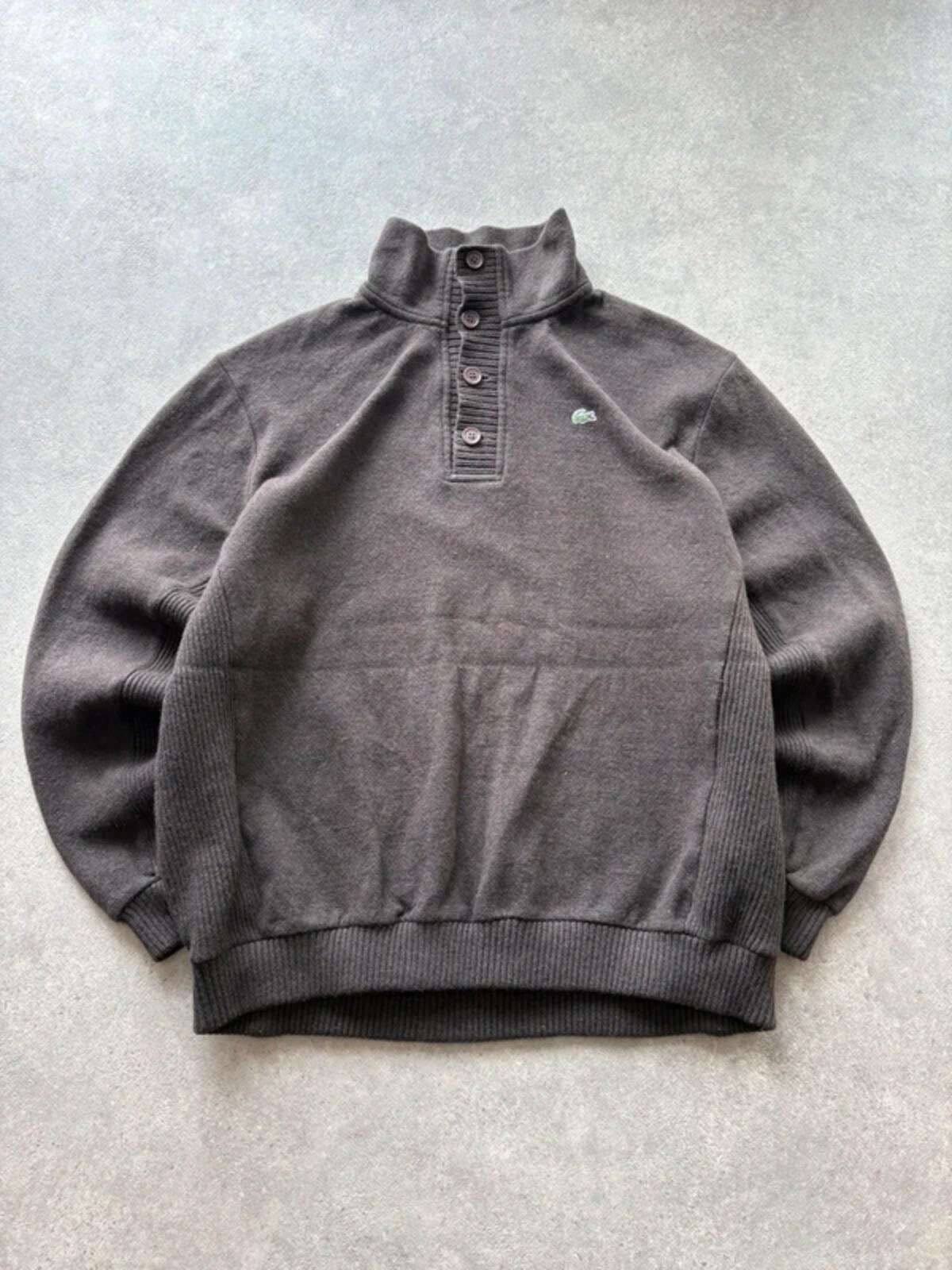 Lacoste Jumper Men’s Large Brown Knitted High Neck Quarter Button Boxy Fit