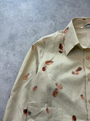 Vintage 1980s Blouse Women's Medium Beige Feather Print Pointed Collar