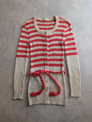 Vintage 1970s Knitted Cardigan Women’s Small Beige Red Striped Belted Longline
