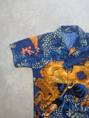 Y2K Shirt Men's Small Blue Japanese Dragon Graphic Short Sleeve