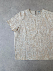 Vintage 1970s Cropped T-Shirt Women’s Large Beige Floral Paisley Retro Boho