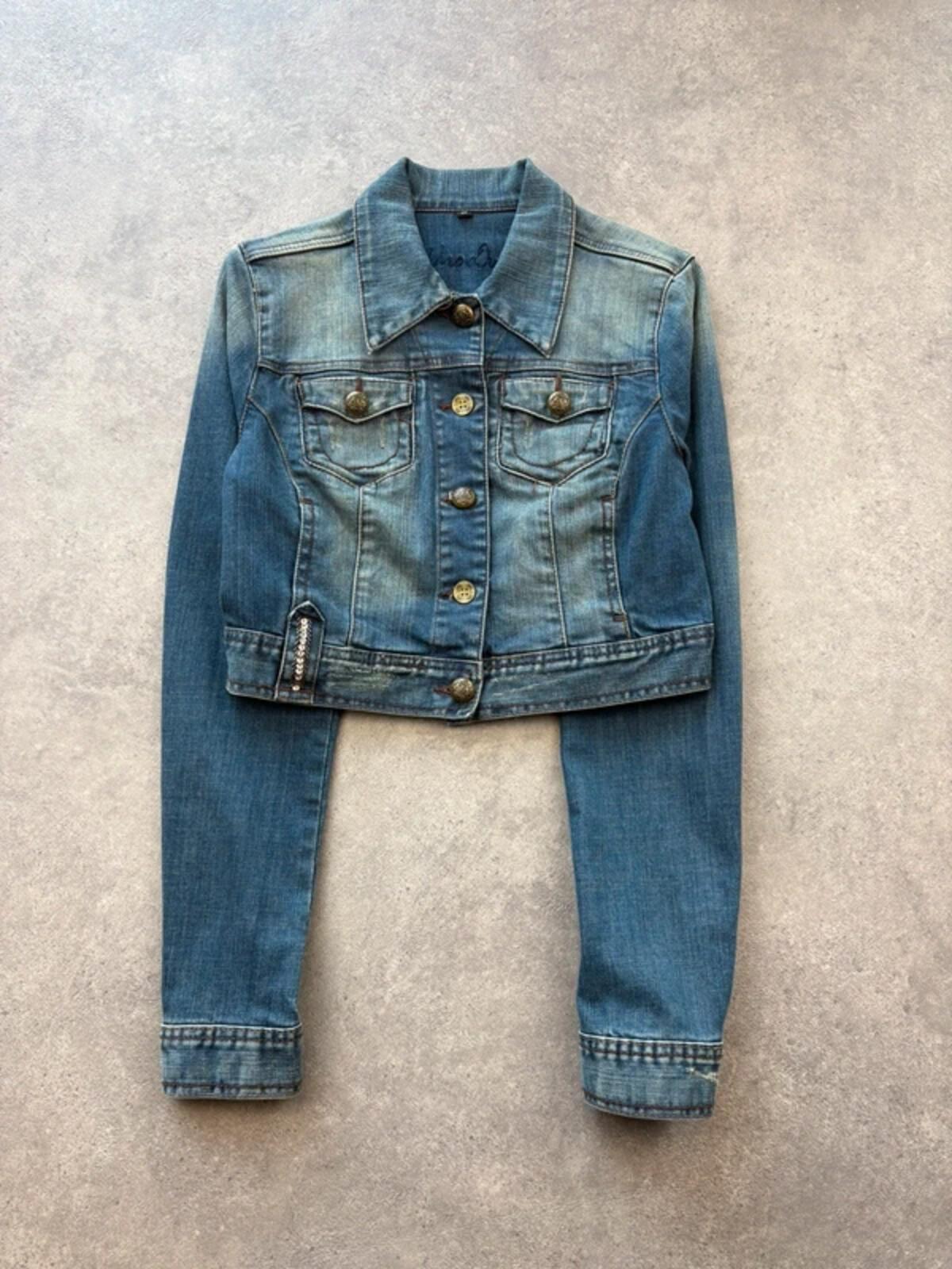 Y2K Denim Jacket Women’s Small Cropped Blue Fitted Western Casual