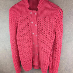 Hand Knitted Jumper Womens M Medium Pink Floral Cardigan