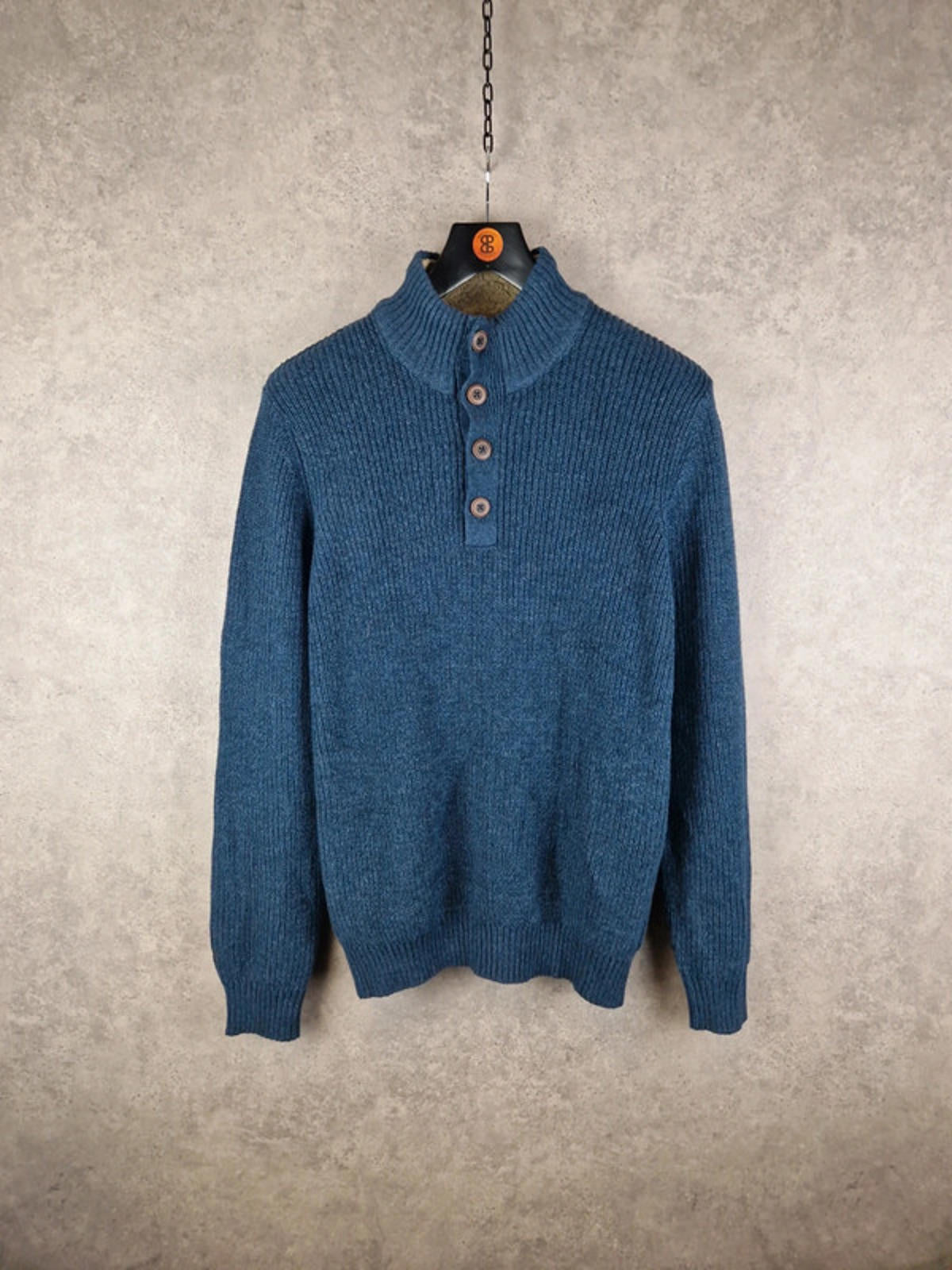 Bass & Co Jumper Mens Large Blue knit 1/4 Button Pullover Sweater