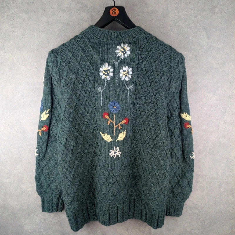 Hand Knitted Jumper Womens XL Extra Large Green Floral Cardigan