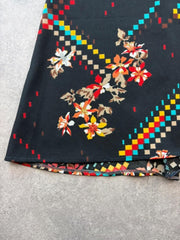 Vintage 1970s Midi Skirt Womens Medium Black Floral Geometric Slip On Boho