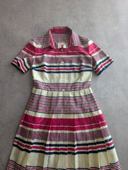 Vintage 1970s Pleated Dress Women’s Medium Pink Stripe Retro Midi