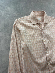 Vintage 1970s Shirt Men’s Large Beige Patterned Long Sleeve Retro Mod Disco