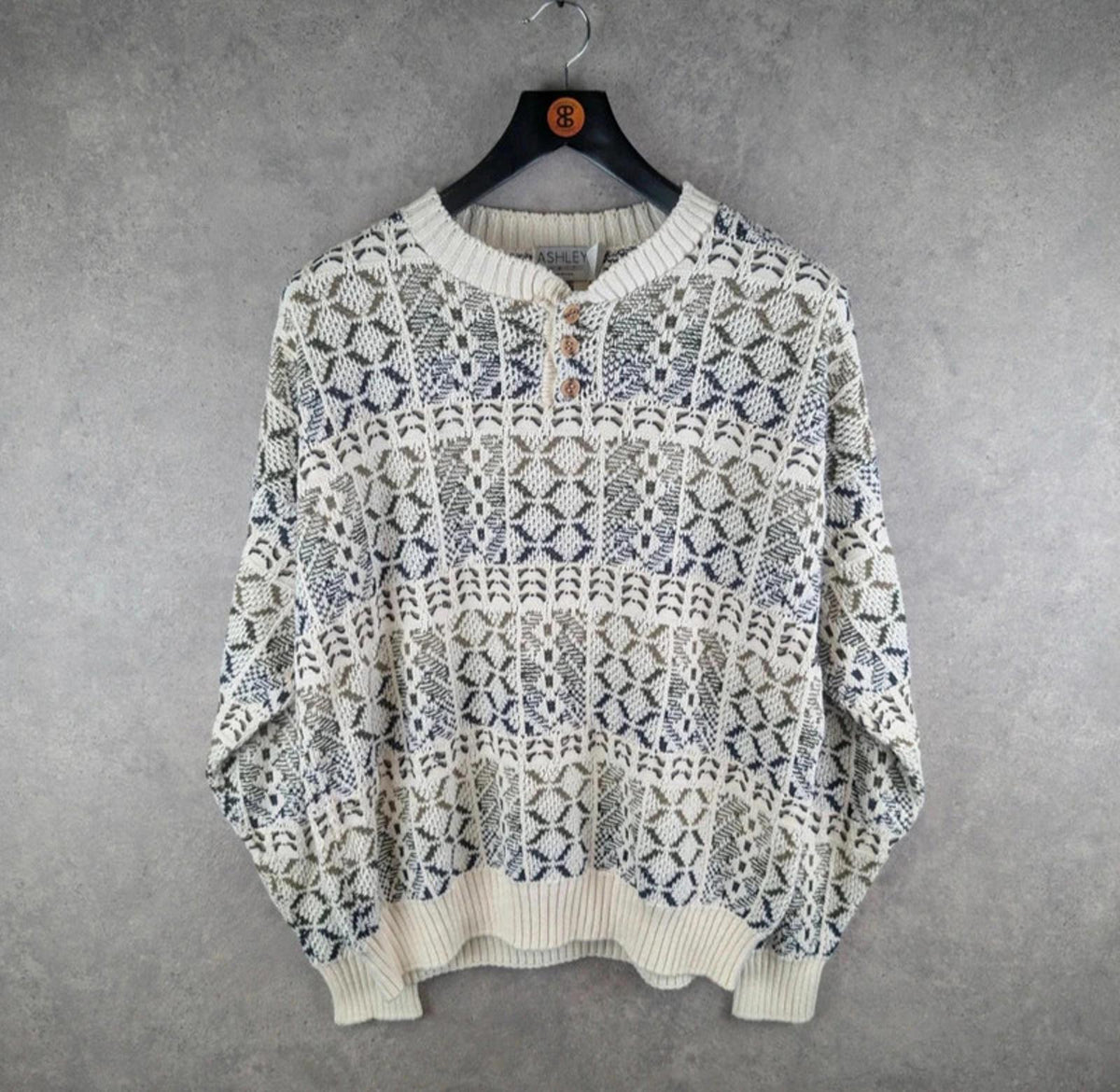 Ashley Jumper Mens L Large Cream Knitted Vintage Pullover Retro