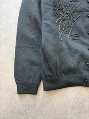 Vintage 1980s Lambswool Cardigan Womens Large Black Beaded Floral Knit Button Up