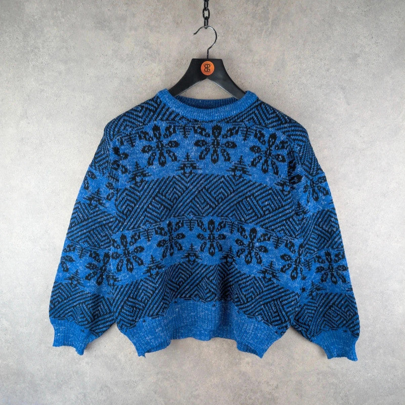 Hand Knitted Jumper Womens XL Extra Large Blue Vintage Pullover Retro