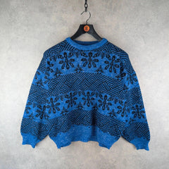 Hand Knitted Jumper Womens XL Extra Large Blue Vintage Pullover Retro