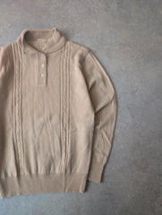 Vintage 1980s Knitted Polo Shirt Womens Small Beige Cable Knit Pullover Retro