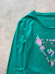 Guess Long Sleeve Top Women’s 12 Green Floral Logo Stretch Casual Y2K