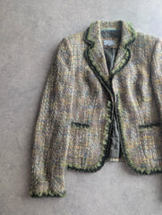 Per Una Jacket Women's Small Green Tweed Y2K Boho Ruffle Trim Tailored Blazer